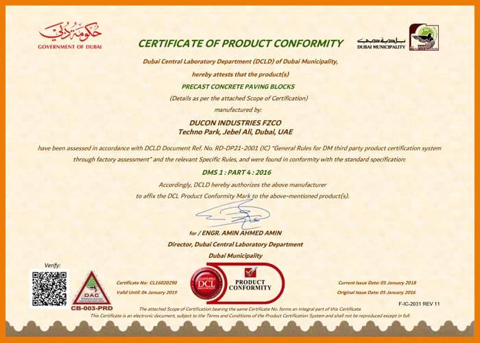 Dubai Central Laboratory certification — Ducon Industries