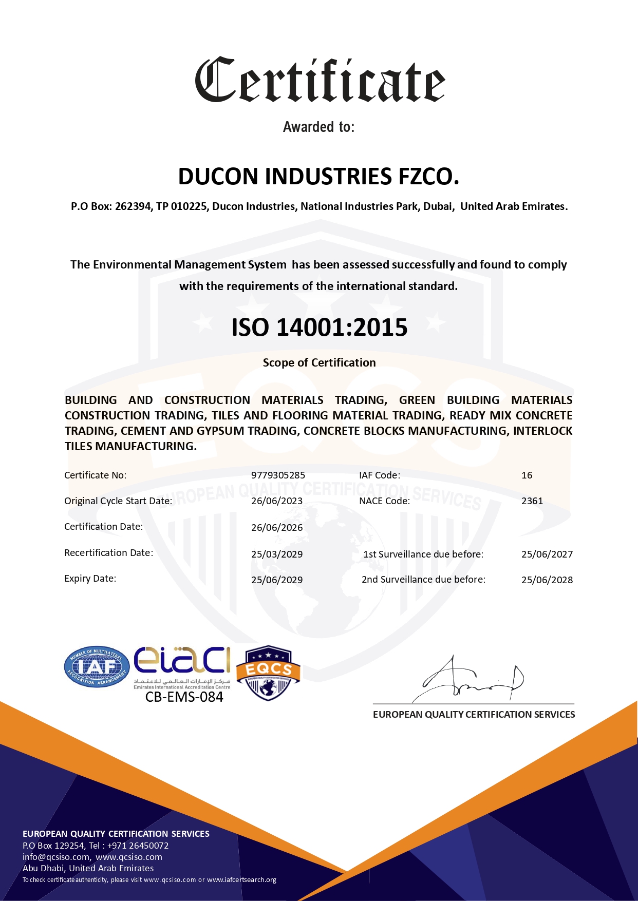 ISO 14001:2015 Environmental Management System certificate — Ducon Industries FZCO