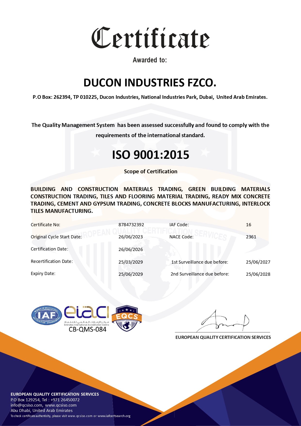 ISO 9001:2015 Quality Management System certificate — Ducon Industries FZCO